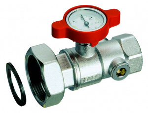 FAR FS 3046 1R  Кран шаровой 1"-1/2", ВР-накидная гайка, термометр до 80 ﹾС, цвет ручки красный