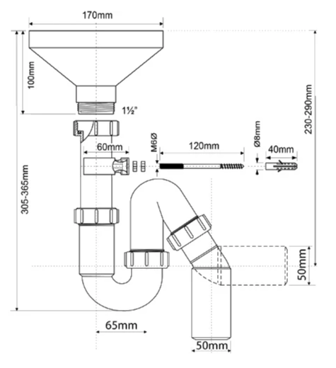 McALPINE HC8-FUN Сифон трубный 1 1/2"х40мм для разрыва потока/струи с овальной воронкой, отвод D40/50мм