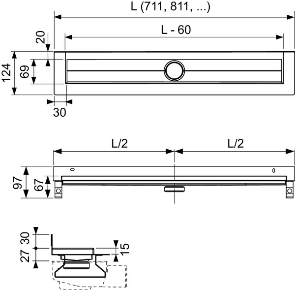 TECE 600901 TECEdrainline Дренажный канал для пристенного монтажа, прямой, 90 см