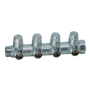 FAR FK 3873 134UN MultiFAR Коллектор запорно-балансировочный 1" на 4 отвода 3/4"EU c вставкой под уплотнение