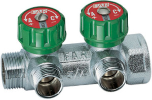 FAR FK 3821 3412 MultiFAR Коллектор регулирующий 3/4", ВР-НР, 2 отвода 1/2", НР, межосевое 45