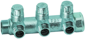 FAR FK 3870 134TP MultiFAR Коллектор запорный 1", ВР-НР, 3 отвода 3/4", НР, межосев. 45, плоское присоединение
