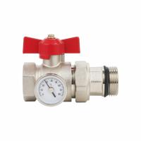 HEIMSHAFT 89002302 ProfiTherm Кран шаровой для подключения коллектора, 1" ВР - 1" НР с уплотнением, с манометром, ручка бабочка (синий/красный)