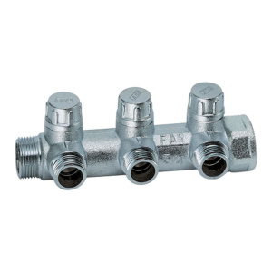 FAR FK 3870 134UN MultiFAR Коллектор запорно-балансировочный 1" на 3 отвода 3/4"EU c вставкой под уплотнение