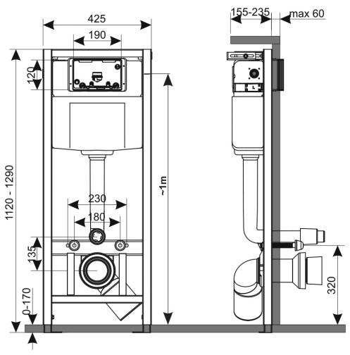 KK-POL 350/ZPW/425-00-S0(ZSP/M425/0/K) Standard Инсталляция для подвесного унитаза,  1120*425*155 мм